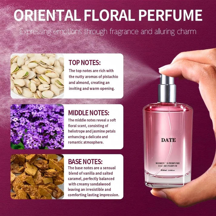 DATE Women's Eau de Parfum Women's perfume, 80ml light essence. Featuring a floral and fruity aroma, it is perfect for daily use or dating, keeping a fresh breath at all times. Don't miss out if you love the light aroma!