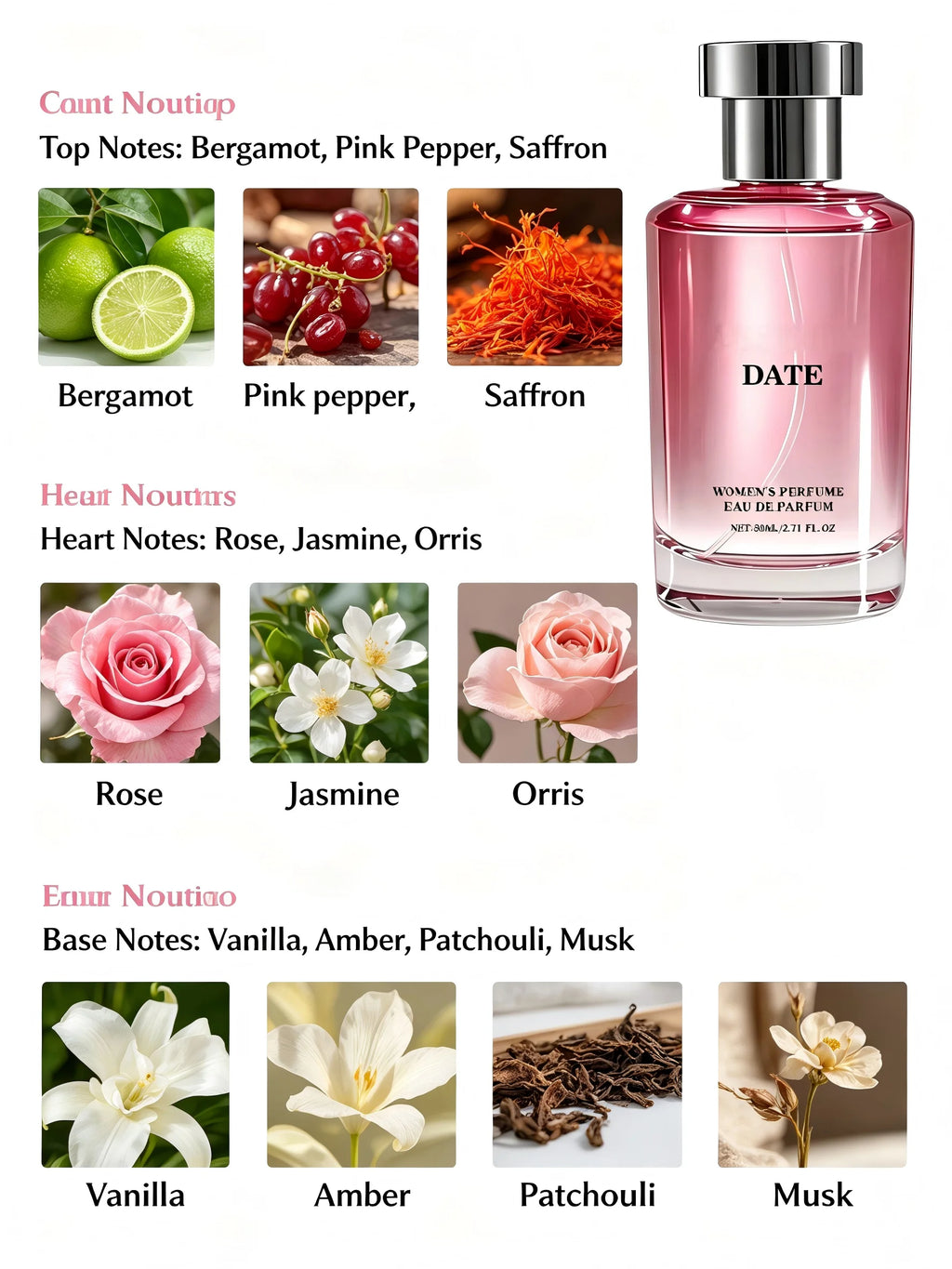DATE Women's Eau de Parfum Women's perfume, 80ml light essence. Featuring a floral and fruity aroma, it is perfect for daily use or dating, keeping a fresh breath at all times. Don't miss out if you love the light aroma!