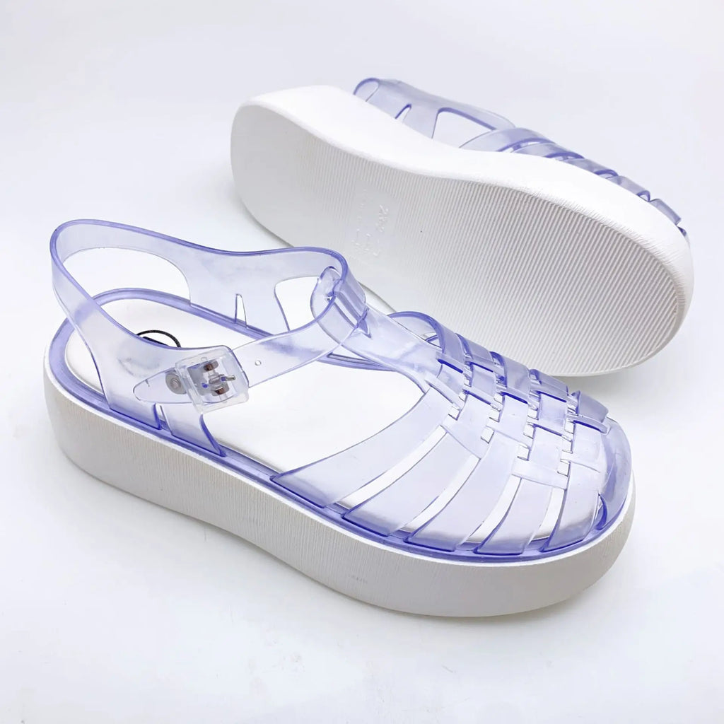 Fashionable PVC Thick-Heeled Women's Sandals with Hollowed-Out Breathable Platform Jelly Falt Soles Solid Colors Sandals