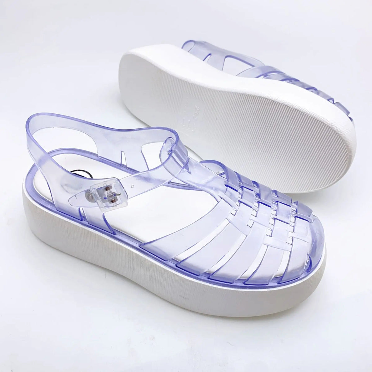 Fashionable PVC Thick-Heeled Women's Sandals with Hollowed-Out Breathable Platform Jelly Falt Soles Solid Colors Sandals