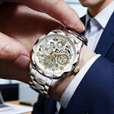 Luxury Skeleton Dial Men Business Watches Stainless Steel Calendar Quartz Wristwatch Clock Gift Relogio Masculino (Without Box）