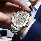 Luxury Skeleton Dial Men Business Watches Stainless Steel Calendar Quartz Wristwatch Clock Gift Relogio Masculino (Without Box）