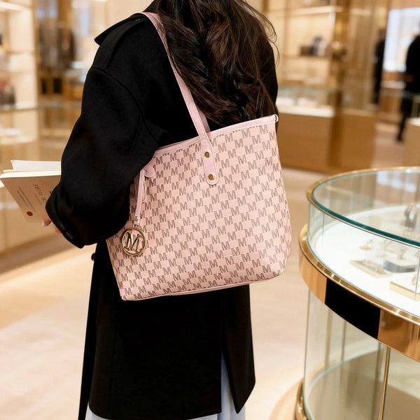 Fashion M Letter Print  Tote Bag PU Letter Pendant Large Capacity Handbag Water Resistant Shoulder Bag for Commuting Shopping