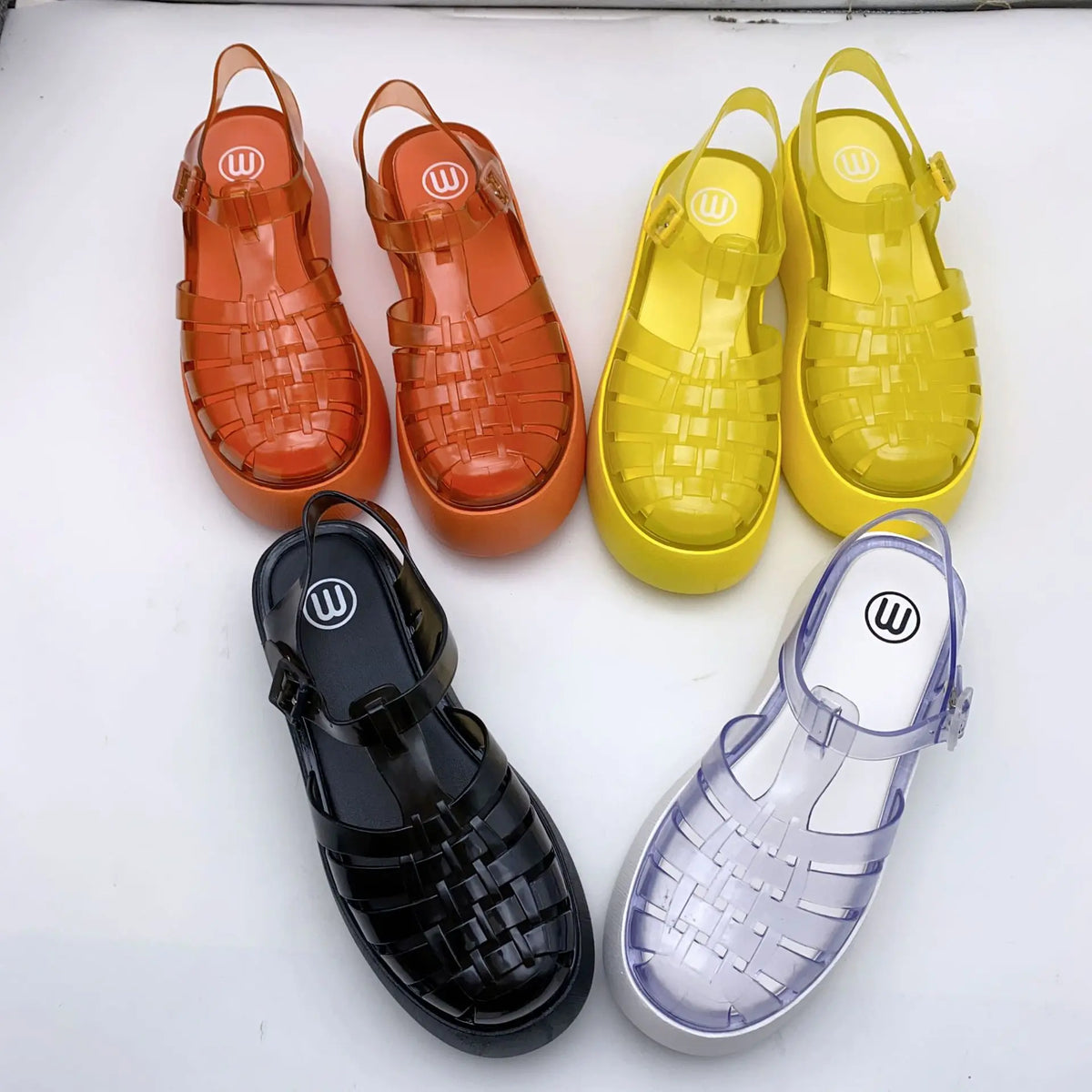 Fashionable PVC Thick-Heeled Women's Sandals with Hollowed-Out Breathable Platform Jelly Falt Soles Solid Colors Sandals
