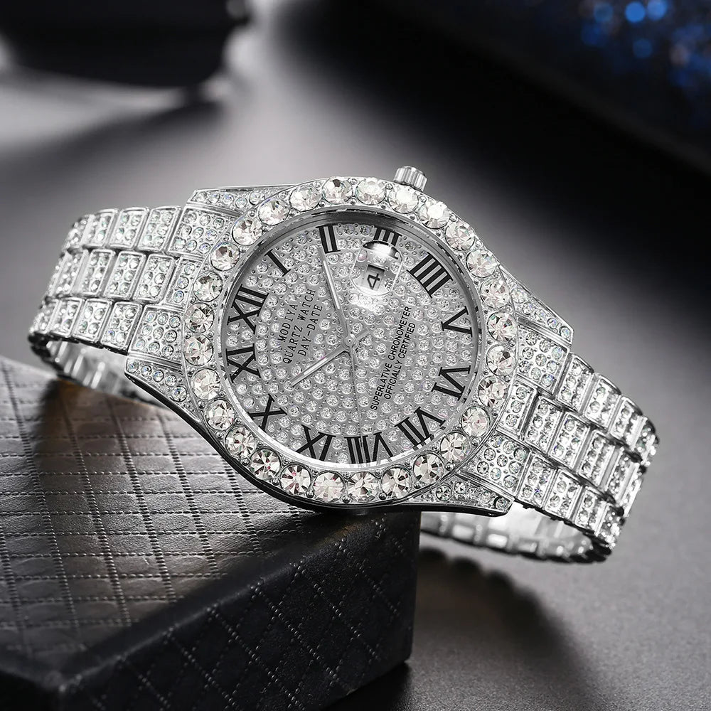 Luxury Classic Golden Men's Steel Strap Roman Scale Rhinestone Calendar Quartz Watch Fashion Male Wristwatch Relogio Masculino