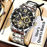 Luxury Skeleton Dial Men Business Watches Stainless Steel Calendar Quartz Wristwatch Clock Gift Relogio Masculino (Without Box）