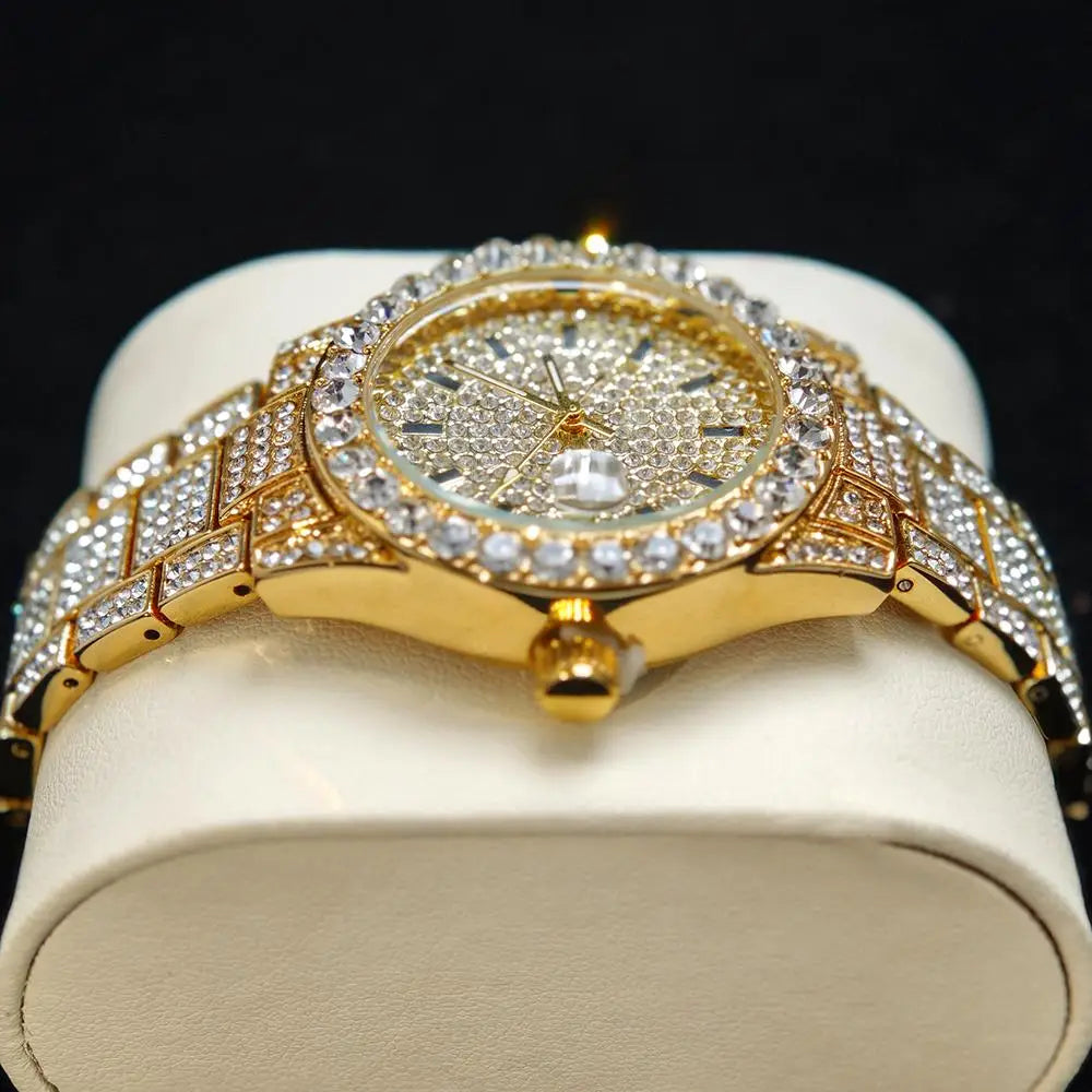2025 Hot Fashion Gold Watches Women Luxury Stainless Steel Elegant Iced Diamond Jewelry Quartz Wristwatch Ladies Dropshipping