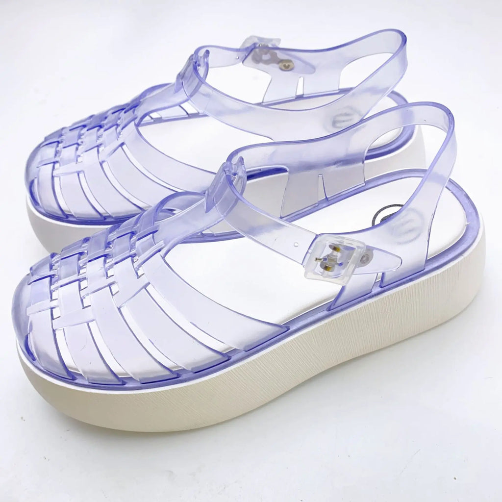 Fashionable PVC Thick-Heeled Women's Sandals with Hollowed-Out Breathable Platform Jelly Falt Soles Solid Colors Sandals