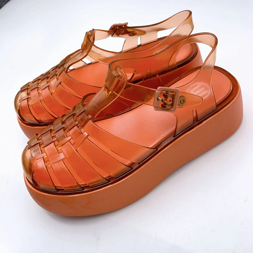 Fashionable PVC Thick-Heeled Women's Sandals with Hollowed-Out Breathable Platform Jelly Falt Soles Solid Colors Sandals