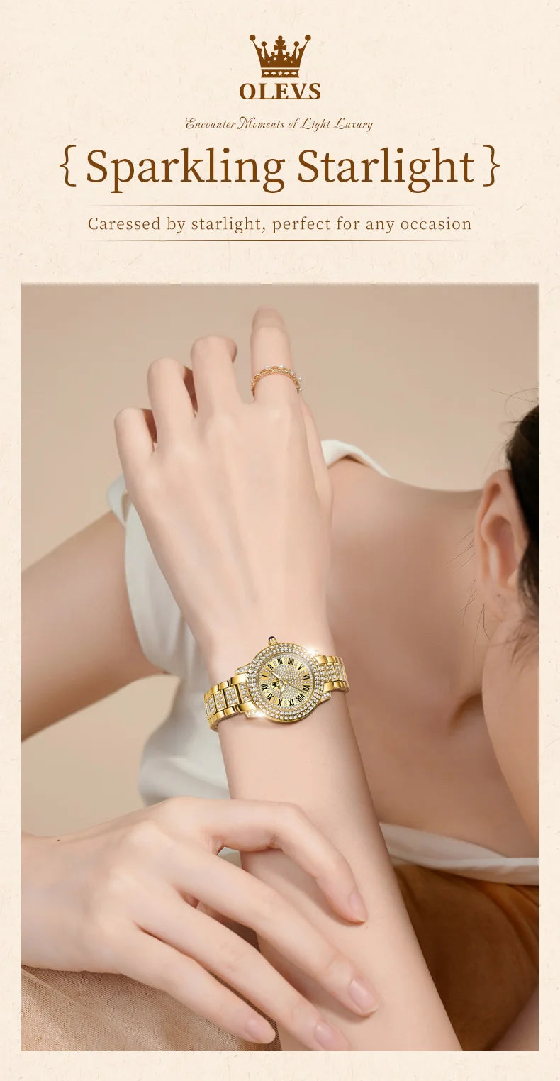 OLEVS 9943 Luxury Diamond Watch for Women Starry Sky Dial Elegant Stainless Steel Waterproof Luminous Quartz Wristwatch Ladies