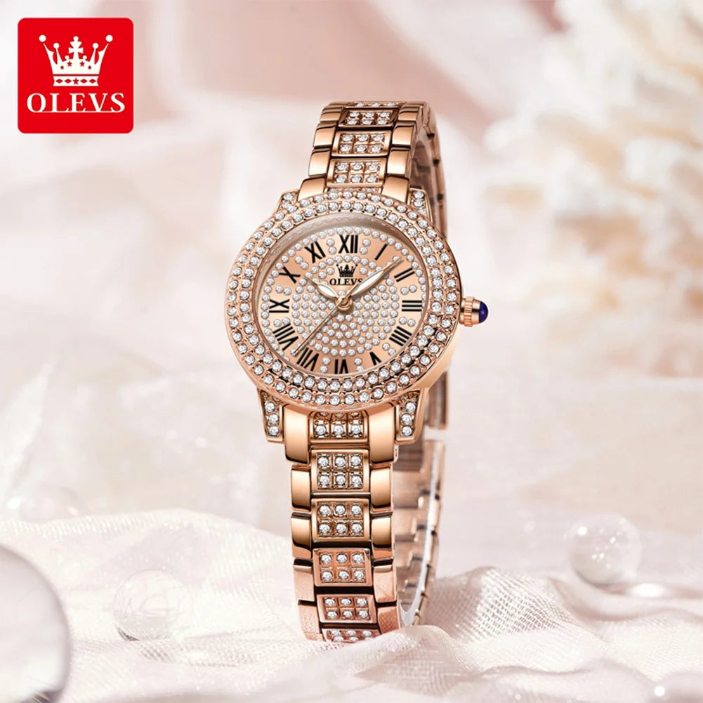 OLEVS 9943 Luxury Diamond Watch for Women Starry Sky Dial Elegant Stainless Steel Waterproof Luminous Quartz Wristwatch Ladies