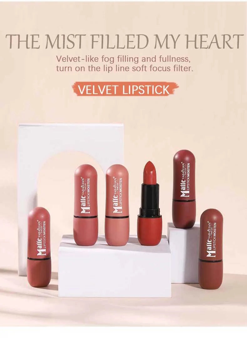 6-Color Matte Lipstick: Velvet Lip Color, Smooth, Waterproof, Long-Lasting Color Lip Makeup
