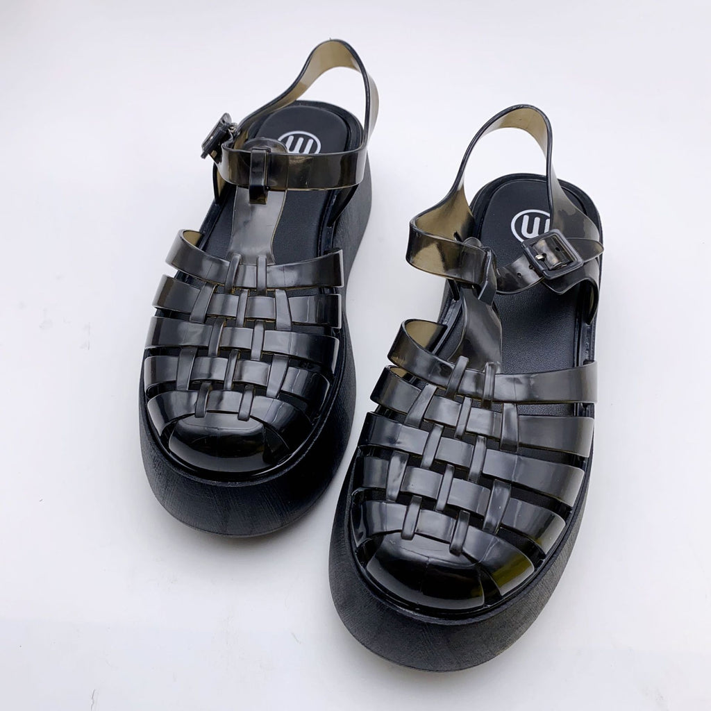 Fashionable PVC Thick-Heeled Women's Sandals with Hollowed-Out Breathable Platform Jelly Falt Soles Solid Colors Sandals