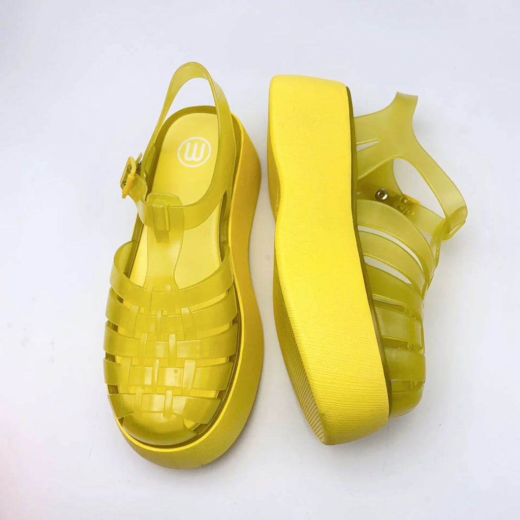 Fashionable PVC Thick-Heeled Women's Sandals with Hollowed-Out Breathable Platform Jelly Falt Soles Solid Colors Sandals