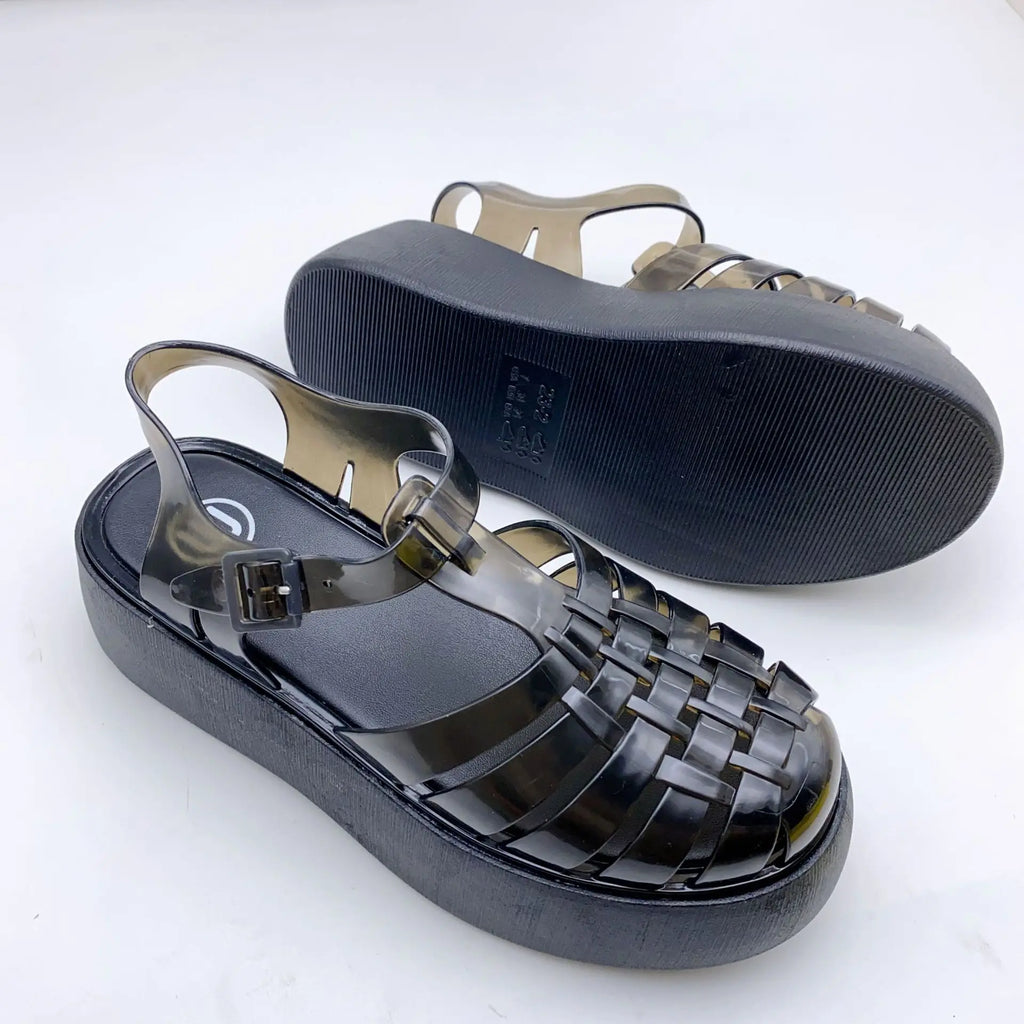 Fashionable PVC Thick-Heeled Women's Sandals with Hollowed-Out Breathable Platform Jelly Falt Soles Solid Colors Sandals