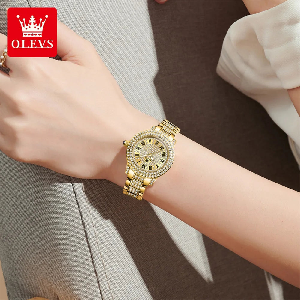 OLEVS 9943 Luxury Diamond Watch for Women Starry Sky Dial Elegant Stainless Steel Waterproof Luminous Quartz Wristwatch Ladies