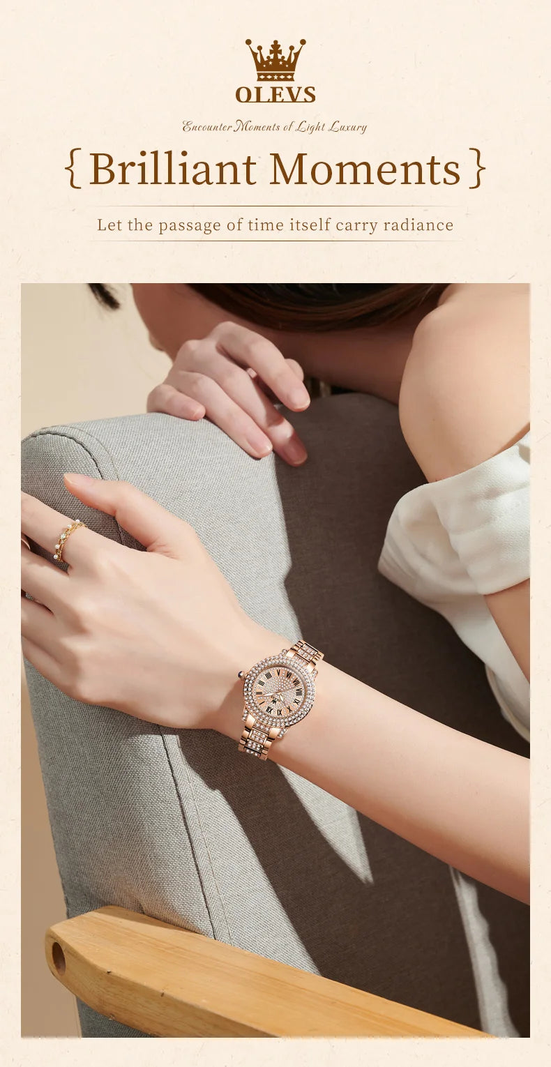 OLEVS 9943 Luxury Diamond Watch for Women Starry Sky Dial Elegant Stainless Steel Waterproof Luminous Quartz Wristwatch Ladies
