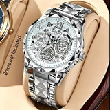 Luxury Skeleton Dial Men Business Watches Stainless Steel Calendar Quartz Wristwatch Clock Gift Relogio Masculino (Without Box）