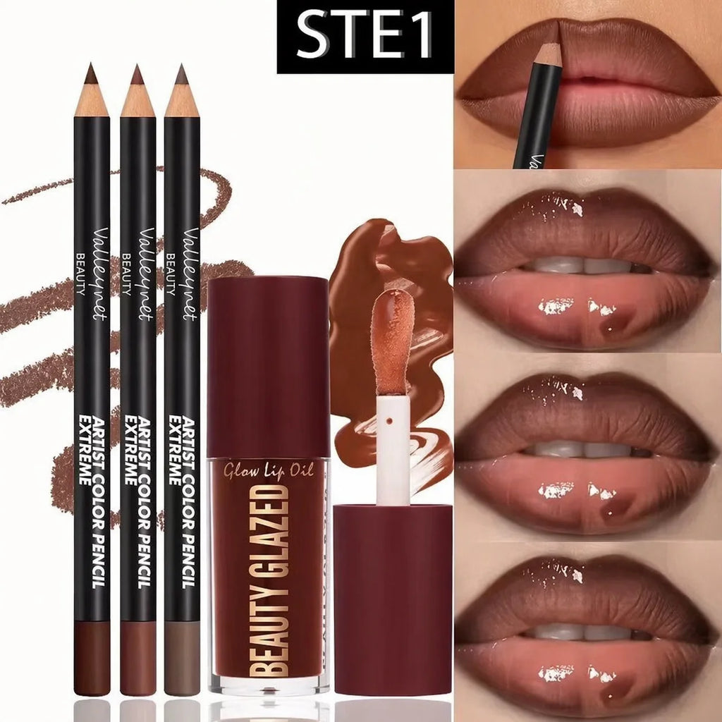 4pcs Lip Kit Set-3pcs Lip Liner+1pc Lip Glaze, Waterproof&Long-Lasting Matte Effect,Versatile for Casual & Formal Occasions,
