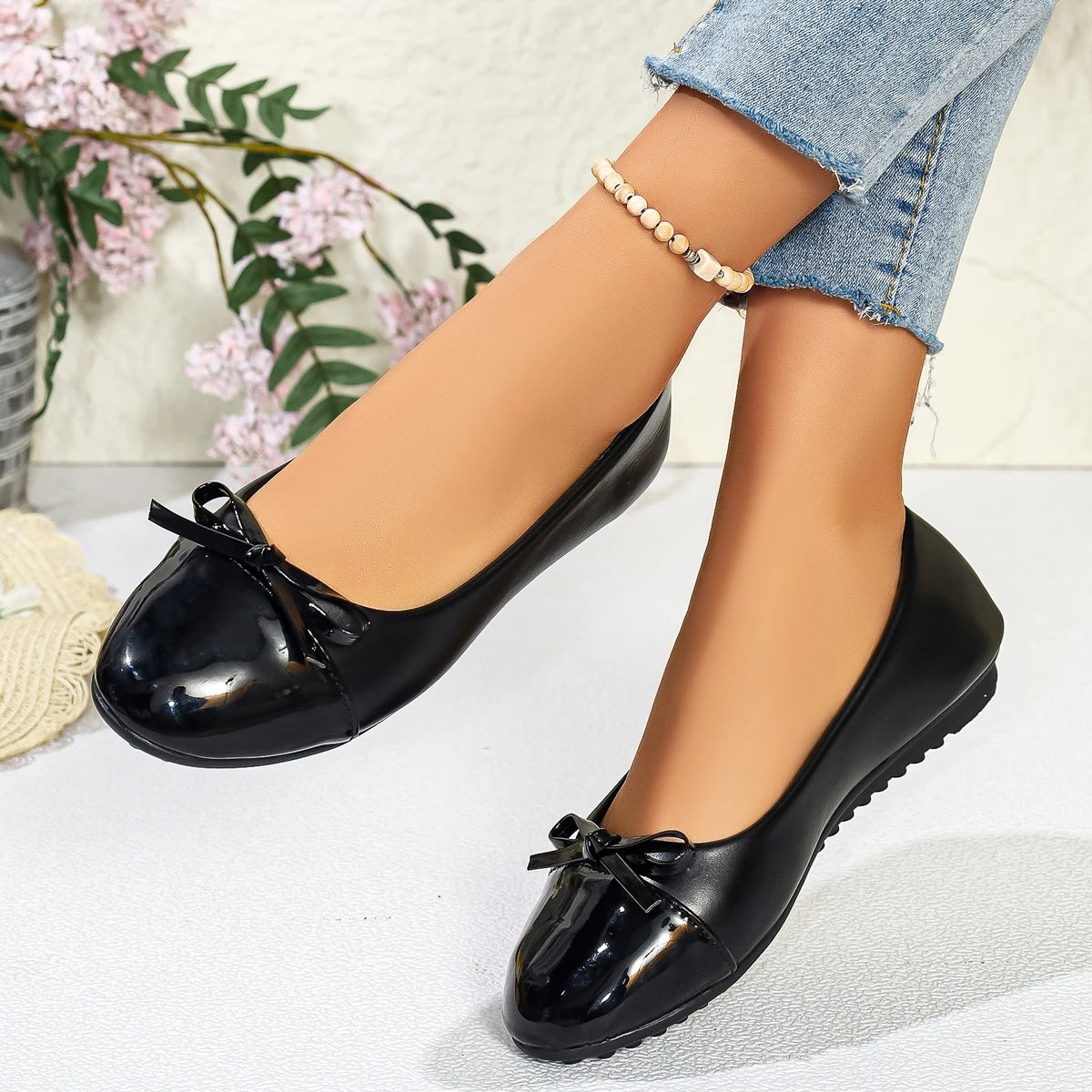 Women's Flat Shoes Comfort Non-slip Ladies Loafers Leather Flats Elegant Bowknot Women's Single Shoes