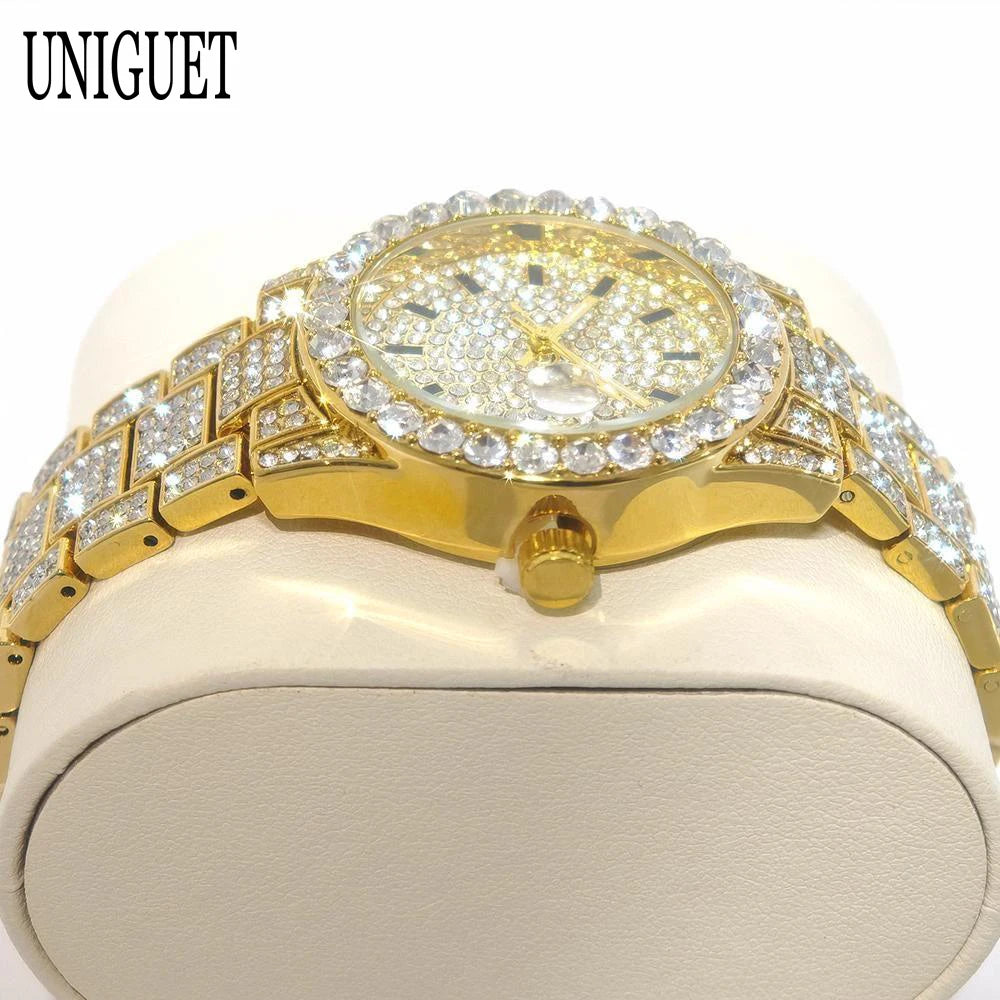 2025 Hot Fashion Gold Watches Women Luxury Stainless Steel Elegant Iced Diamond Jewelry Quartz Wristwatch Ladies Dropshipping