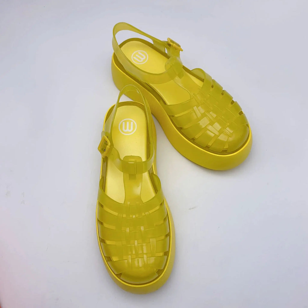 Fashionable PVC Thick-Heeled Women's Sandals with Hollowed-Out Breathable Platform Jelly Falt Soles Solid Colors Sandals