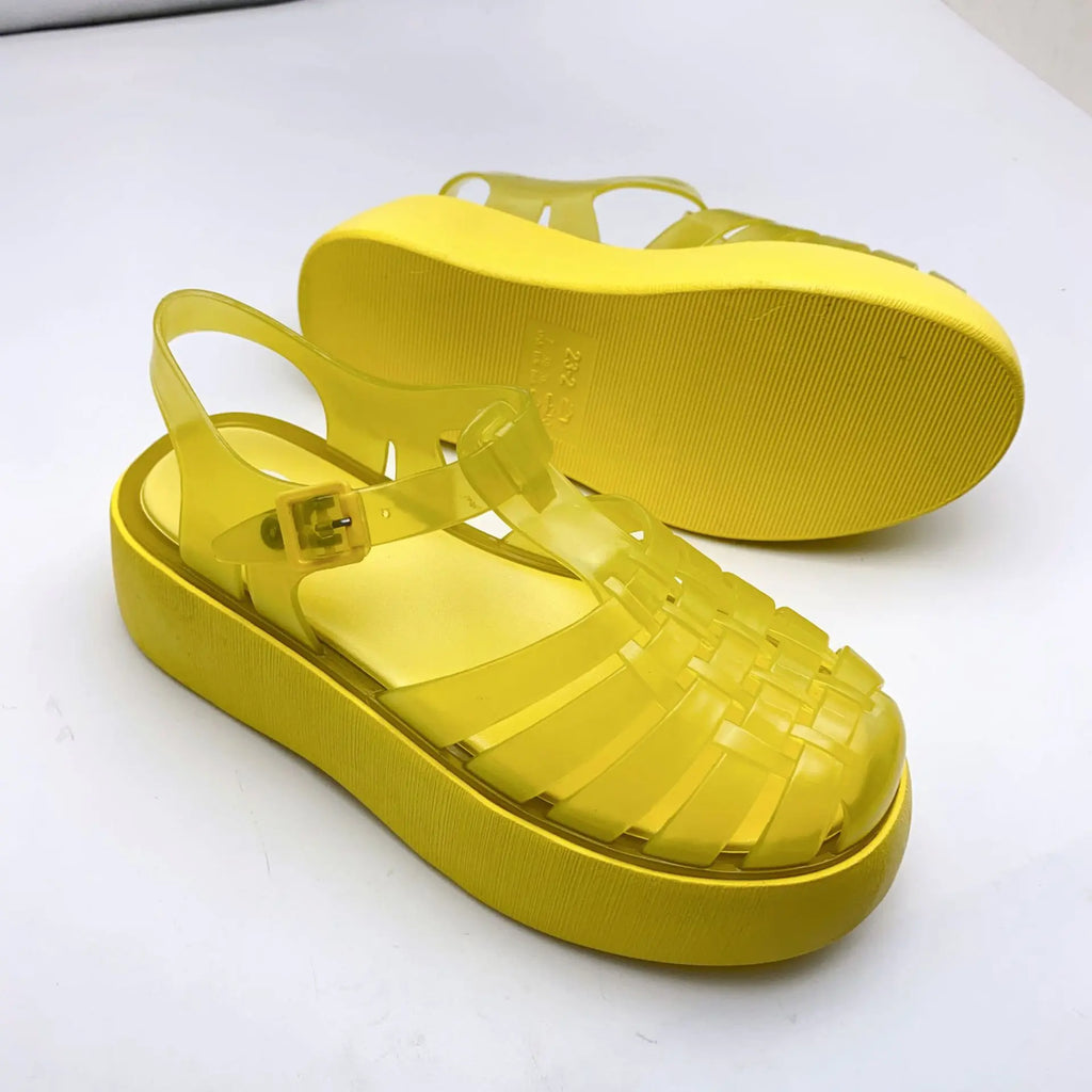 Fashionable PVC Thick-Heeled Women's Sandals with Hollowed-Out Breathable Platform Jelly Falt Soles Solid Colors Sandals