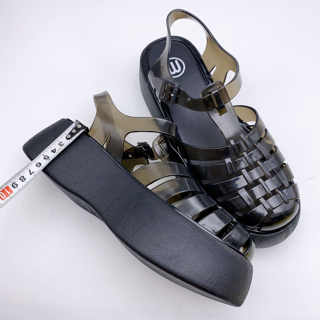 Fashionable PVC Thick-Heeled Women's Sandals with Hollowed-Out Breathable Platform Jelly Falt Soles Solid Colors Sandals