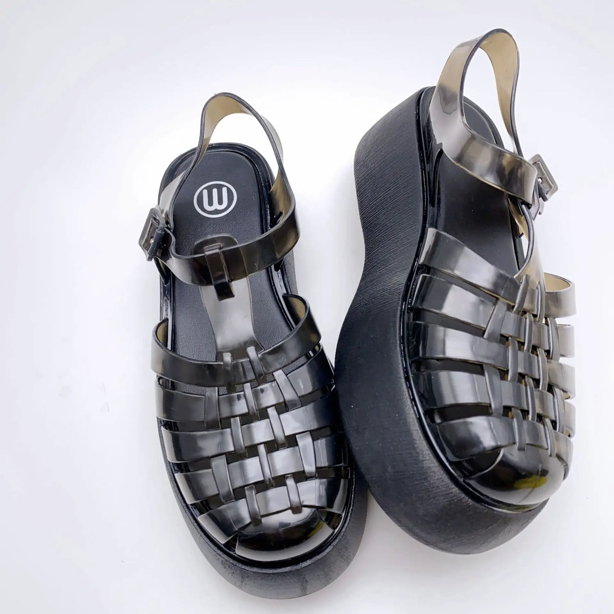 Fashionable PVC Thick-Heeled Women's Sandals with Hollowed-Out Breathable Platform Jelly Falt Soles Solid Colors Sandals