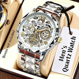 Luxury Skeleton Dial Men Business Watches Stainless Steel Calendar Quartz Wristwatch Clock Gift Relogio Masculino (Without Box）