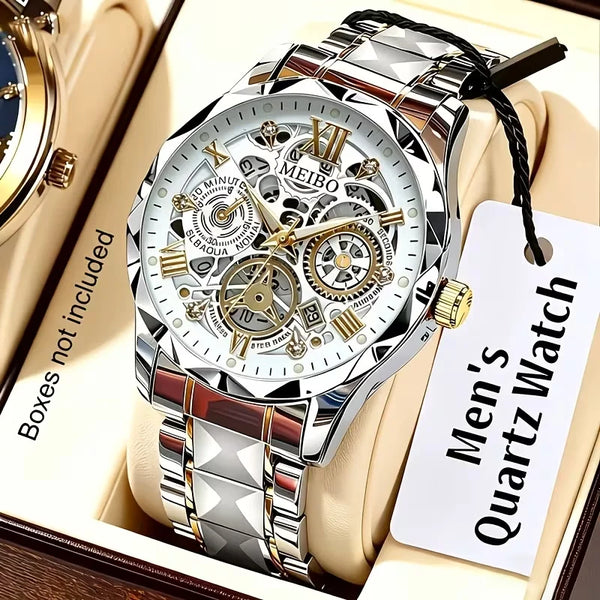 Luxury Skeleton Dial Men Business Watches Stainless Steel Calendar Quartz Wristwatch Clock Gift Relogio Masculino (Without Box）