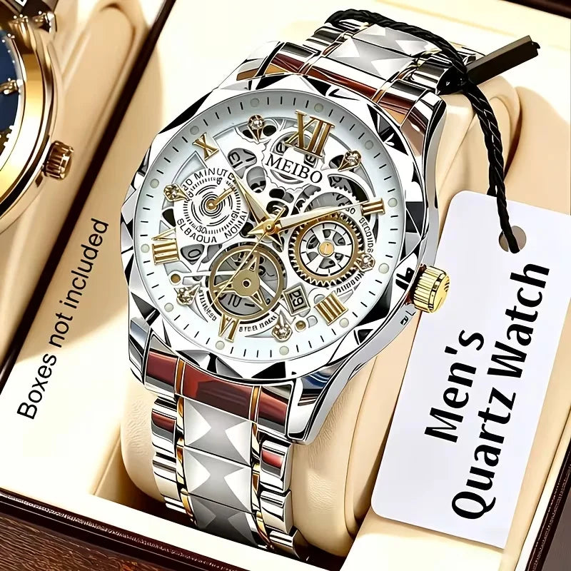 Luxury Skeleton Dial Men Business Watches Stainless Steel Calendar Quartz Wristwatch Clock Gift Relogio Masculino (Without Box）