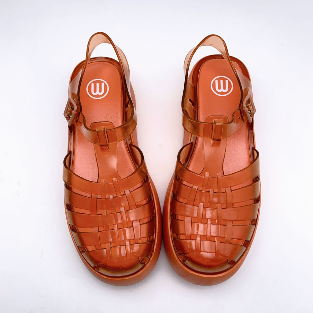 Fashionable PVC Thick-Heeled Women's Sandals with Hollowed-Out Breathable Platform Jelly Falt Soles Solid Colors Sandals