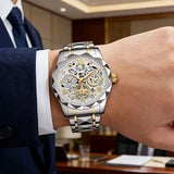 Luxury Skeleton Dial Men Business Watches Stainless Steel Calendar Quartz Wristwatch Clock Gift Relogio Masculino (Without Box）