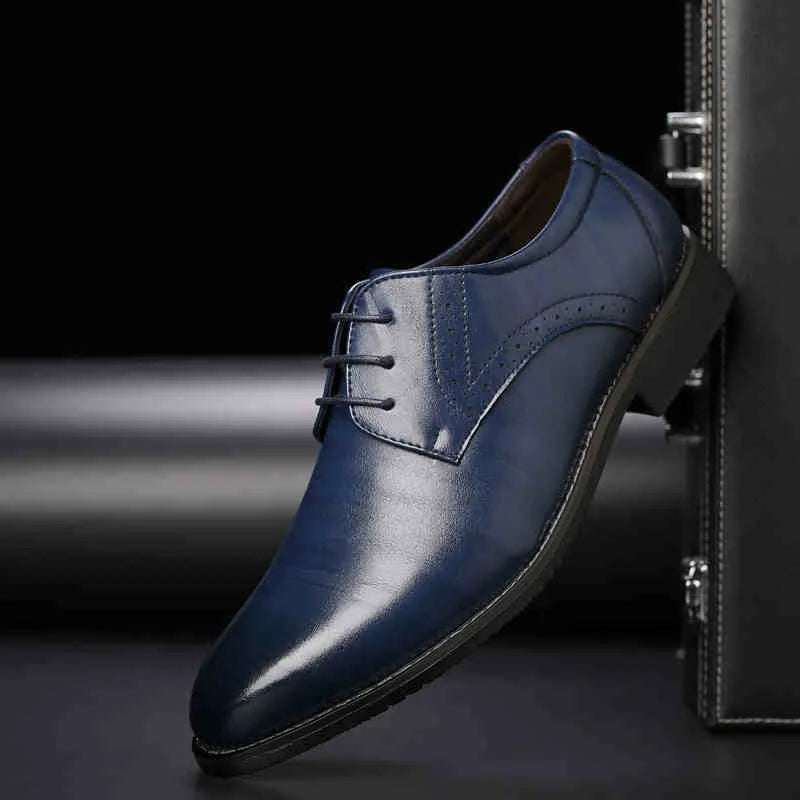 Men Dress Shoes Lace-Up Leather Shoes British Pointed Toe Office Oxford Shoes Wedding Party Flats Handmade Business Formal Shoe